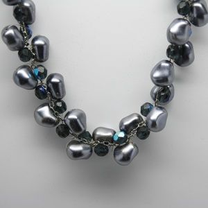 Grey pearl beads with blue beaded accent necklace